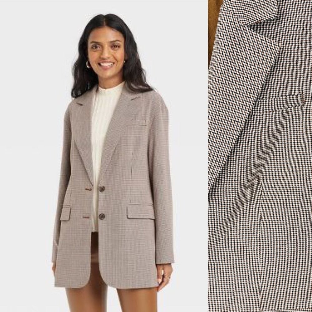 A New Day Women's Blazer Medium Oversized Long Brown Houndstooth Casual New